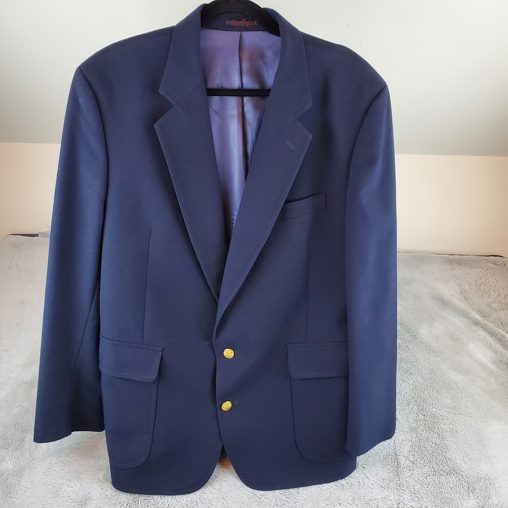 Brookcraft Wool Blend Blazer Mens 43R Gold Crest Button Classic Sport Coat Navy